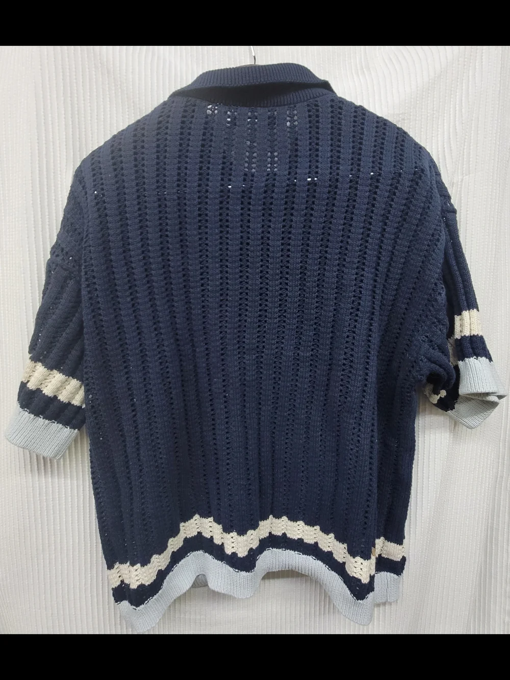 Urban Outfitters Navy Short-Sleeve Knit Cardigan with Cream & Light Blue Trim